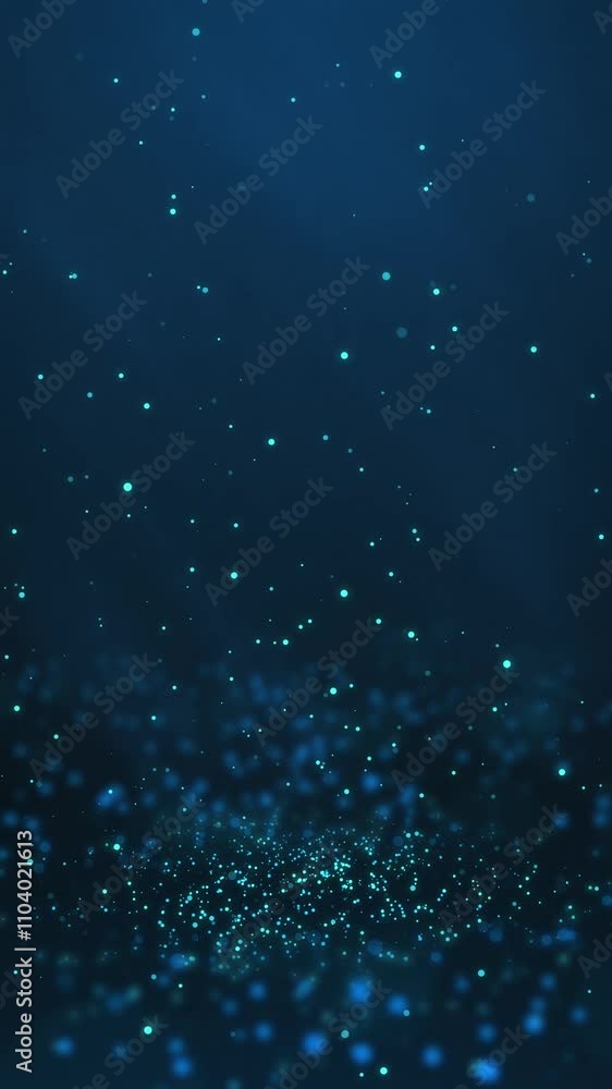 Poster blue particles twirling on the ground and flying in the air with light rays at the top left, vertica