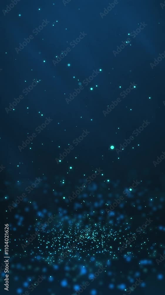 Poster blue particles twirling on the ground and flying in the air with light rays at the top left, vertica