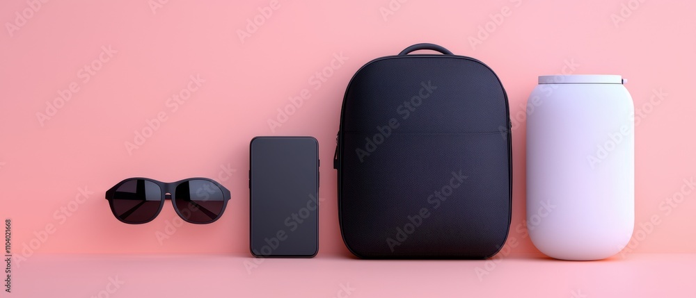 Poster set of items arranged on a pink background. on the left side of the image, there is a black backpack