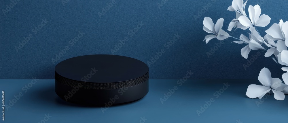Poster black round object on a blue surface. the object appears to be a speaker or a device, with a cylindr