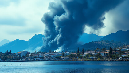 smoke of detonation or wildfire near Mediterrainian city
