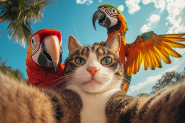 Curious cat at the zoo takes a close-up selfie with two large, colorful parrots in a sunny tropical environment, surrounded by lush greenery and a clear blue sky