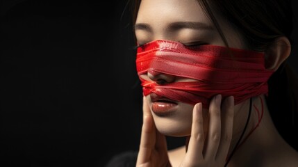A woman wears a red bandage over her eye, possibly after an injury or medical treatment
