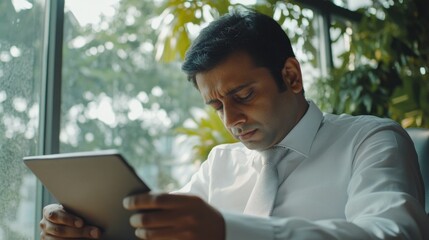 Busy Professional Reading on Tablet