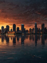 Fototapeta premium A flooded city at sunset with stars overhead.