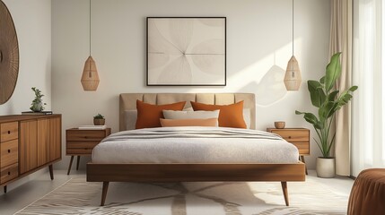 Fototapeta premium Modern bedroom interior with wooden furniture and cozy decor, bright and inviting atmosphere.