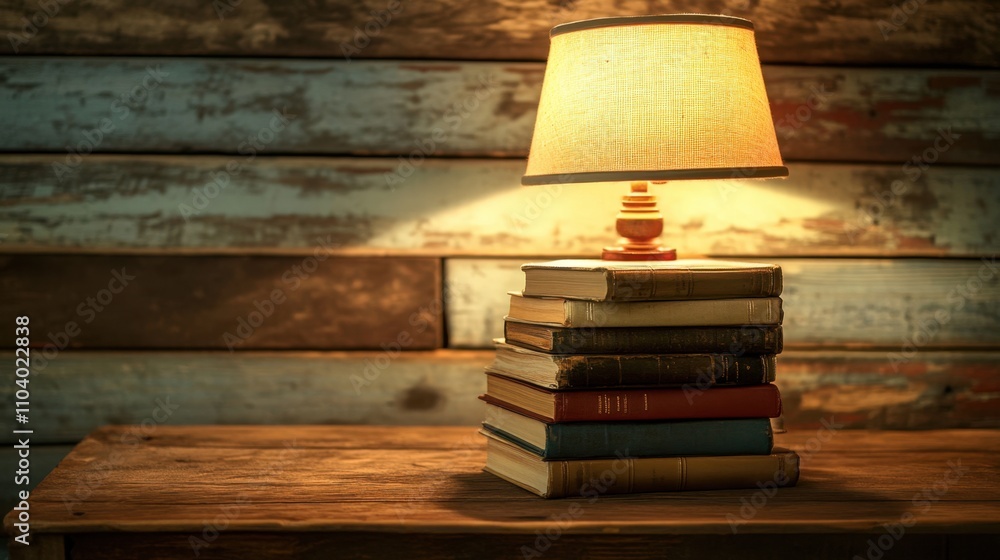 Poster cozy reading nook with stack of books and soft lamp light