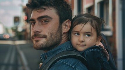 Fototapeta premium A man carries a young girl on his back, walking through a scenic landscape