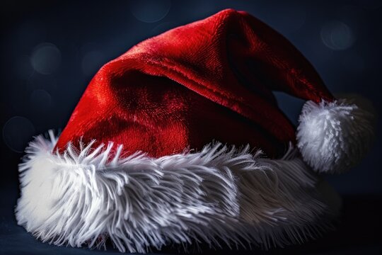 A red and white Santa hat sits on a table, ready for the holiday season