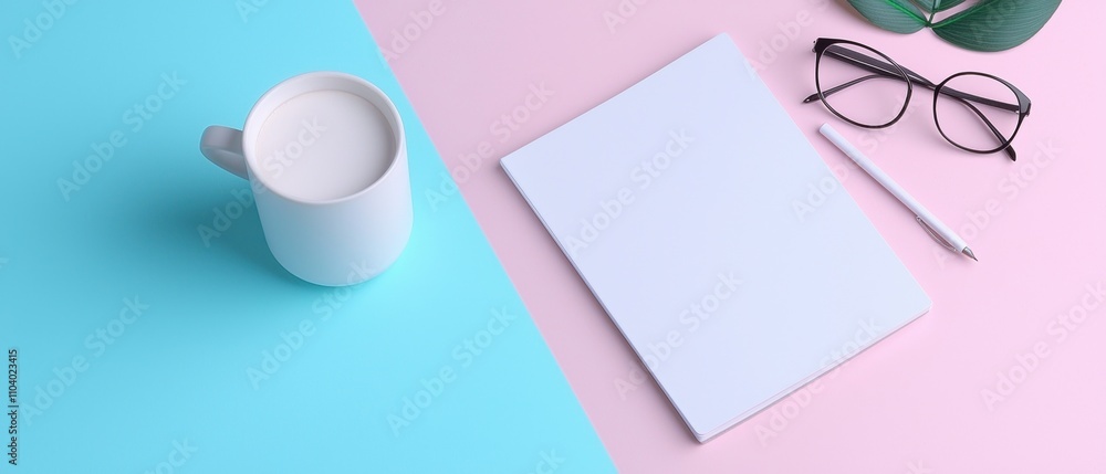 Poster flat lay of a desk with a blue and pink color scheme. on the left side of the image, there is a whit