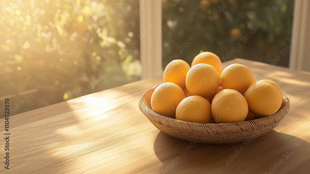 Poster basket of oranges on a wooden table in front of a window. the basket is made of woven material and h