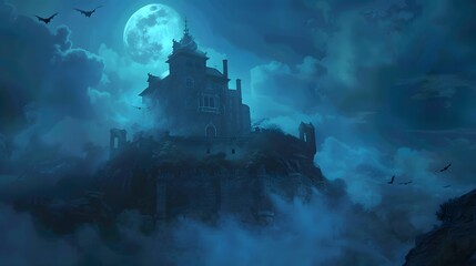 Mysterious Castle Perched Atop A Foggy Mountain Underneath A Full Moon