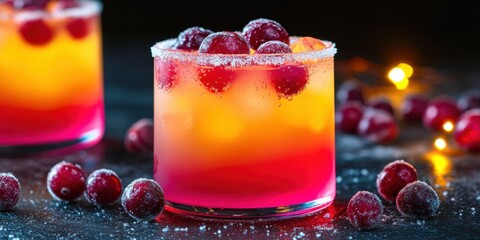 A glowing gradient cocktail with layers of neon pink, red, and orange, garnished with sugared cranberries,
