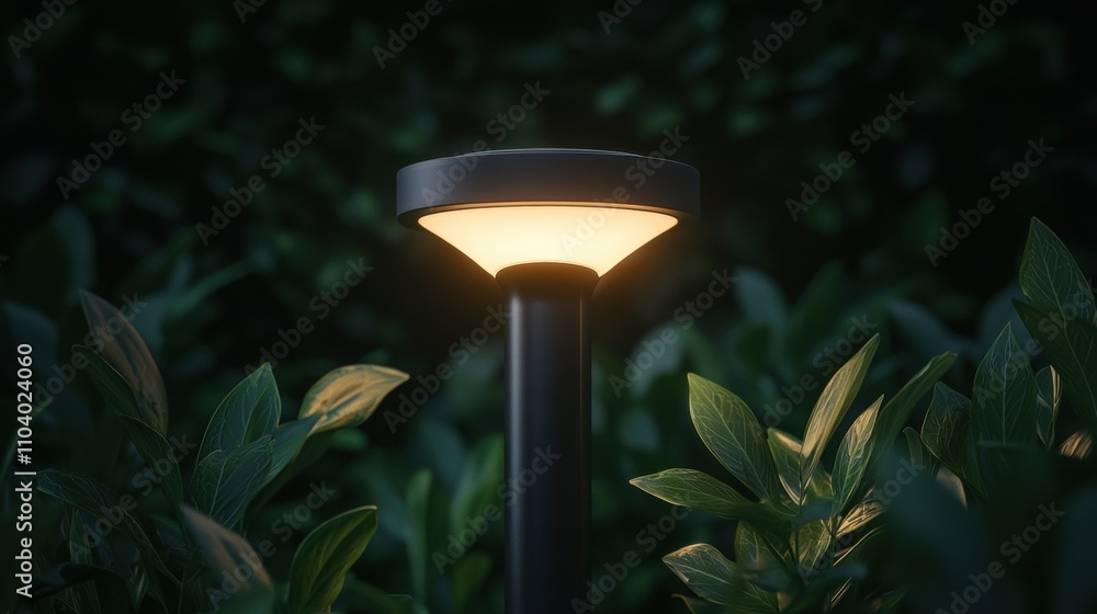Poster close-up of a black lamp post in the middle of a garden. the lamp post is illuminated by a single li