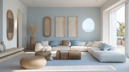 Modern living room with light decor, natural textures, and calming colors.