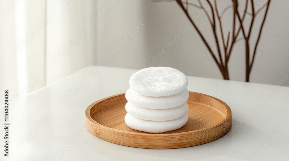 Poster stack of white towels on a wooden tray. the towels are neatly folded and stacked on top of each othe