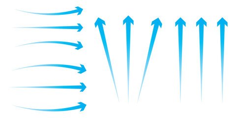 Air flow. Set of blue arrows showing direction of air movement. Wind direction arrows. Blue cold fresh stream from the conditioner. Vector illustration isolated on white background.