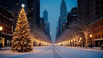 Obraz premium クリスマスイルミネーションが灯る雪が積もる街中