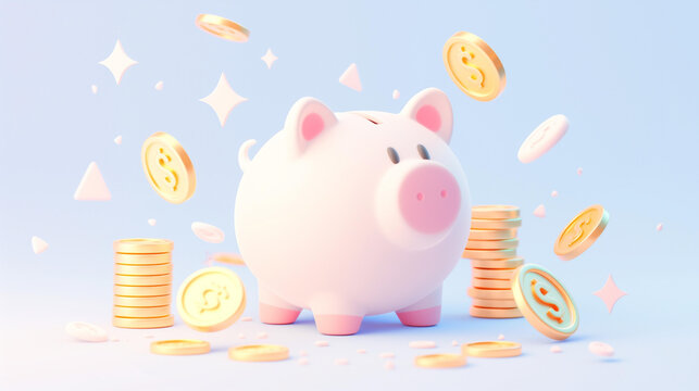 A 3D of a piggy bank with coins falling into its slot, center on a white background with space for text.