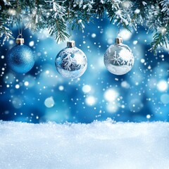 Sparkling ornaments dangle from a snow-laden tree, illuminating the serene winter landscape, evoking the warmth and joy of the Christmas season.