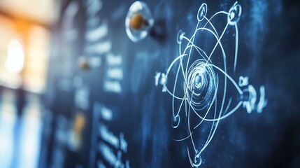 Close-up of a blackboard with physics and chemistry symbols, including atomic models and energy equations