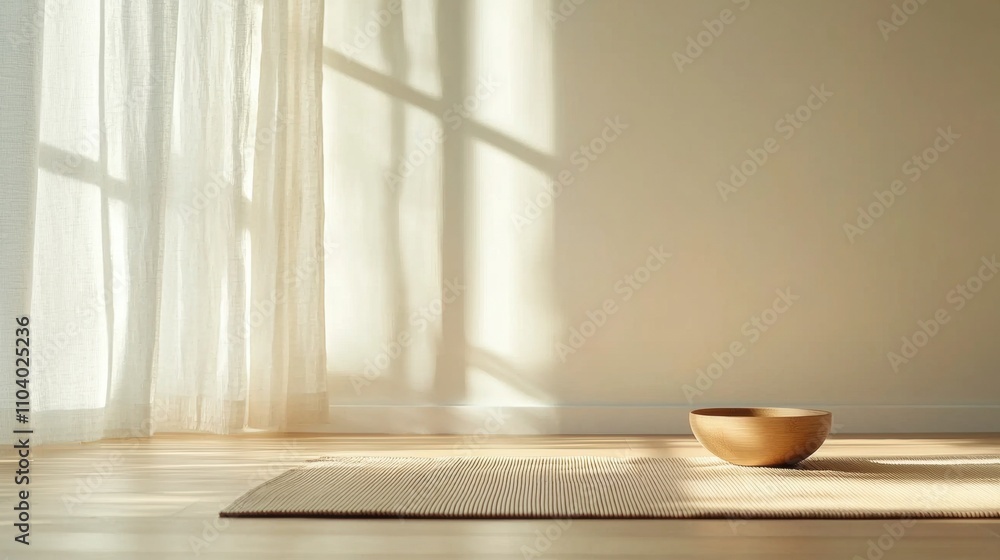Aufkleber corner of a room with a large window on the left side. the window is covered with sheer white curtai