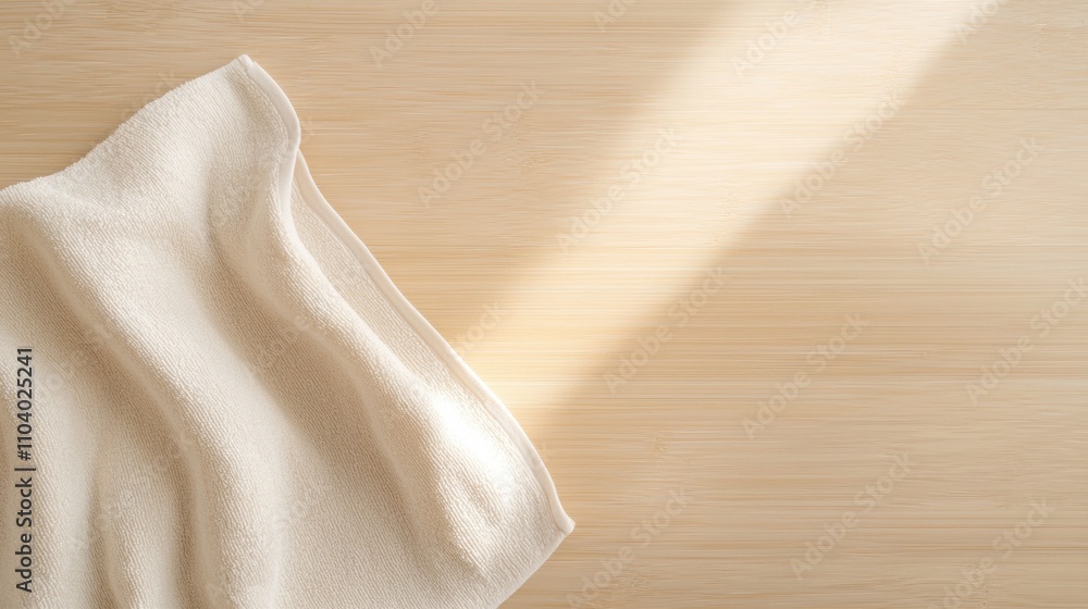Poster close-up of a white towel folded neatly on a wooden surface. the towel appears to be made of a soft,