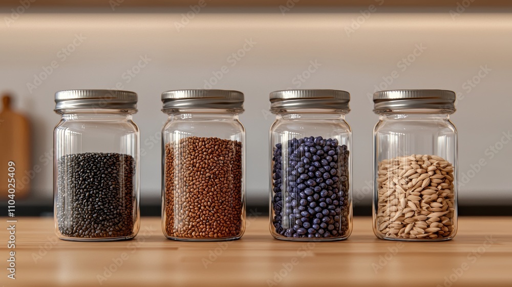 Poster the image shows four glass jars with metal lids on a wooden countertop. the jars are arranged in a r