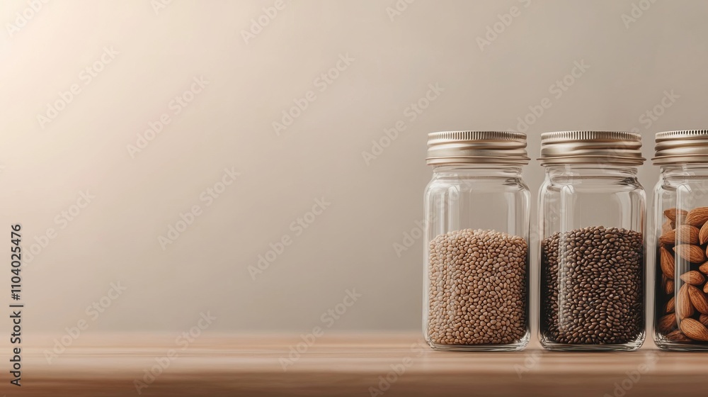 Poster the image shows three glass jars with metal lids on a wooden surface. the jars are arranged in a row