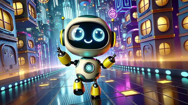 A cute cartoon metal robot dancing against a colourful background