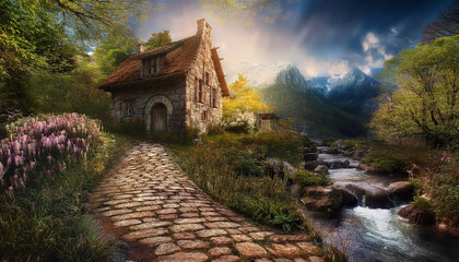 Fairy tale illustration. Beautiful cozy fantasy stone cottage house in a spring forest aside a cobblestone path and a babbling brook. Stone wall. Mountains in the background distance.