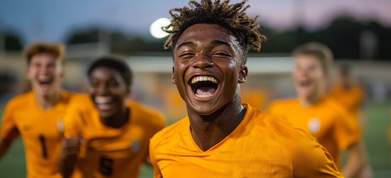 High School Soccer Player Celebrating Goal with Team during Exciting Match