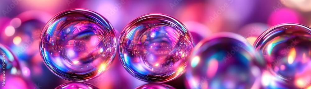 Poster a close-up image of colorful soap bubbles reflecting vibrant purple and blue light, creating a mesme