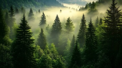 Misty Mountain Forest Sunlit Conifers