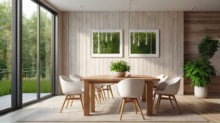 Fototapeta premium View of light wall with empty white frame in dining room interior in house, green plant and nature view from large window. 3D rendering