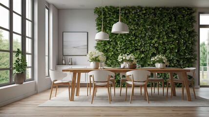 Obraz premium View of light wall with empty white frame in dining room interior in house, green plant and nature view from large window. 3D rendering