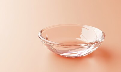 Empty clear glass bowl on a peach background.
