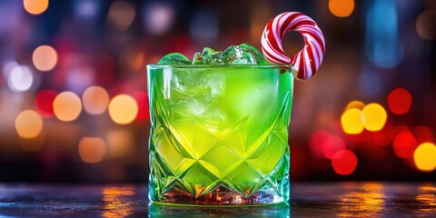 A Grinch-inspired neon green cocktail with glowing edges and a candy cane stirrer,