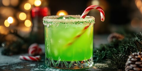 A Grinch-inspired neon green cocktail with glowing edges and a candy cane stirrer,