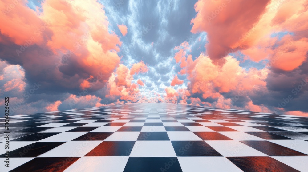 Poster a surreal abstract landscape featuring a checkerboard floor seamlessly transitioning into a tranquil