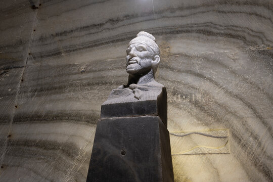 Decebalus Bust Salt Sculpture. Salt sculpture of Decebalus, King of Dacia (87-106 AD), exhibited at Salina Slanic, Prahova, Romania. A unique tribute to ancient history within a salt mine.