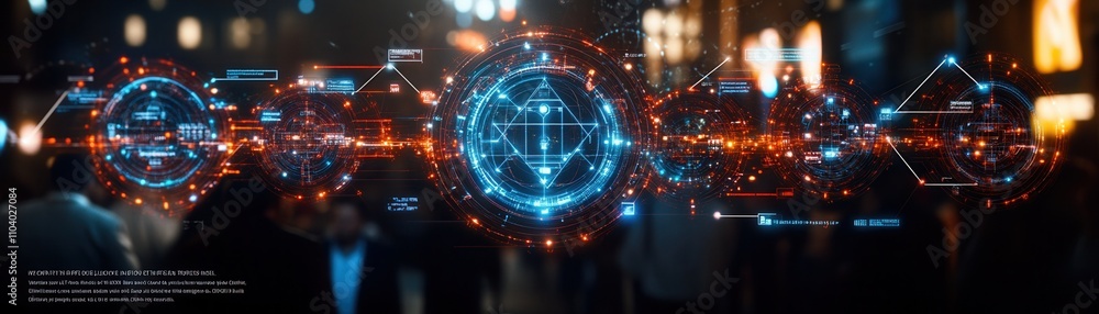 Poster a futuristic scene featuring glowing data visualizations and abstract graphics amidst a crowd, sugge