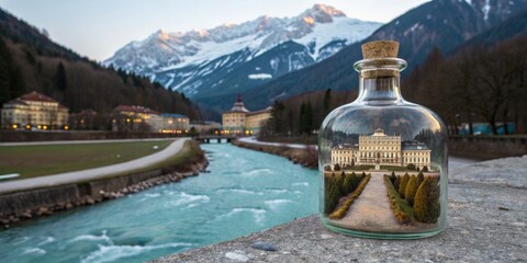 Obraz premium Bottled beauty of a scenic mountain landscape with a historic building in the foreground beside a river