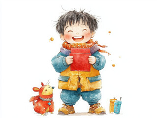 joyful child in winter attire holds red book with dog nearby