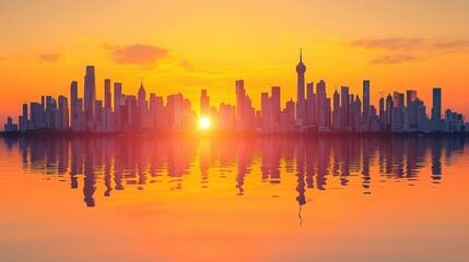Fototapeta premium A stunning sunset reflects off water, showcasing a vibrant skyline filled with towering buildings and a warm orange hue.