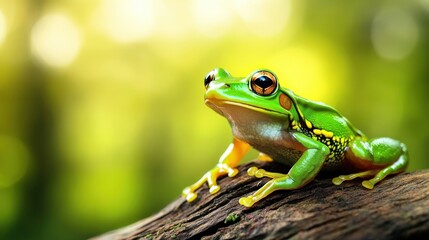Vibrant green tree frog sits on a branch against a blurred forest background, showcasing nature's beauty and wildlife in its natural habitat.