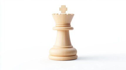 Fototapeta premium A wooden chess king piece stands prominently against a white background, symbolizing strategy and intellect in the game of chess.