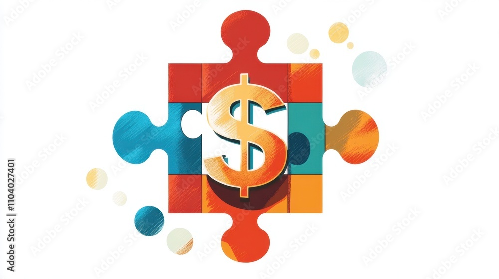 Poster a colorful puzzle piece featuring a dollar sign, symbolizing financial solutions and the integration