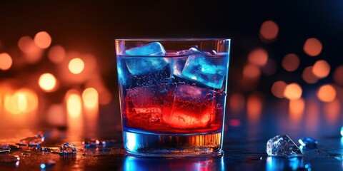 A neon blue and red layered drink with glowing ice cubes and subtle sparkling accents,