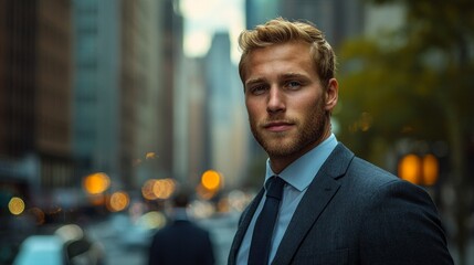 Business professional poses confidently amidst bustling urban backdrop skyscrapers and city lights glowing early evening.